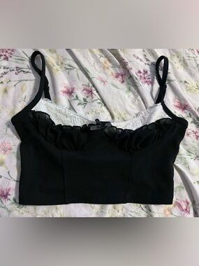 Black Cami Crop Top with White Lace Trim